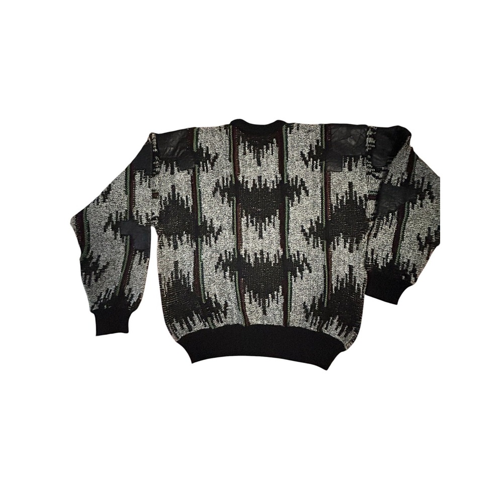 Vintage Mark Elliot Geometric Aztec Knit Sweater XL Genuine Leather Patches 90s